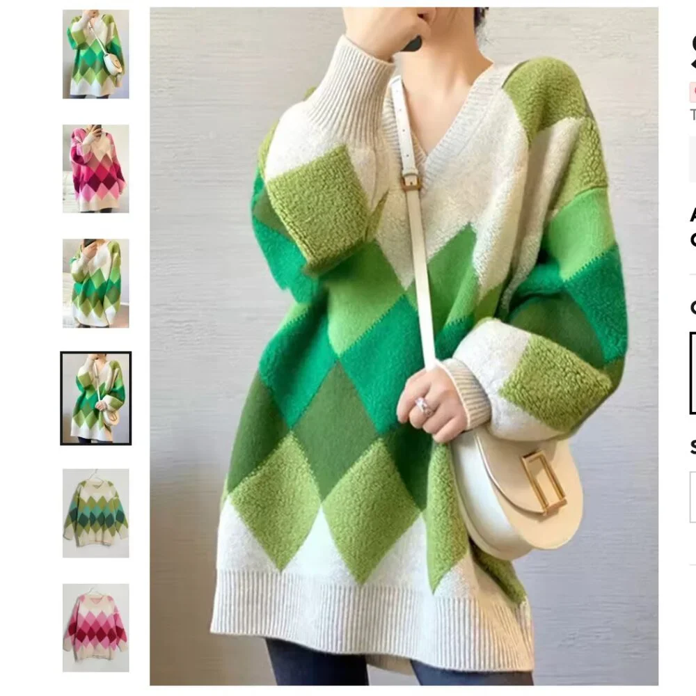Women's Green Diamond Sherpa Knit Oversized Sweater Size Medium